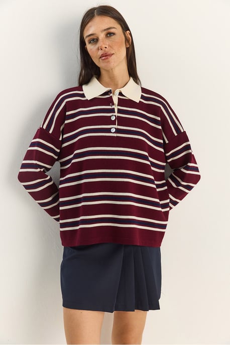 Gestreifter Polo-Kragen Knopf-Pullover - Image 3