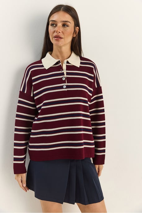 Gestreifter Polo-Kragen Knopf-Pullover - Image 4