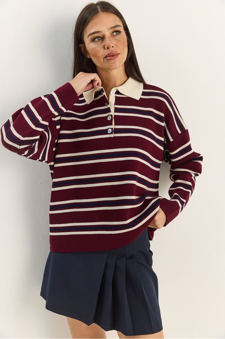 Gestreifter Polo-Kragen Knopf-Pullover - Image 5