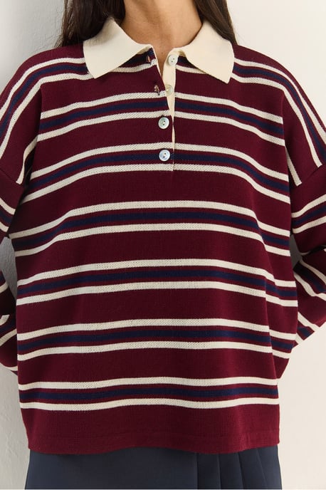 Gestreifter Polo-Kragen Knopf-Pullover - Image 6