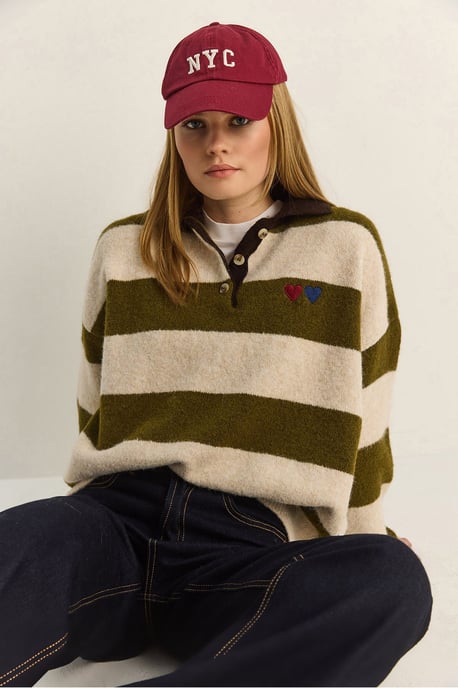 Übergroßer gestreifter Polo-Kragen-Pullover mit Stickerei - Image 2