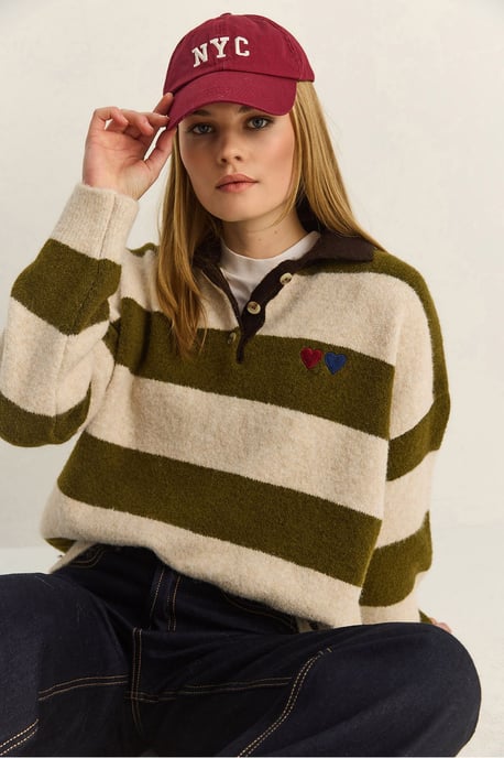 Übergroßer gestreifter Polo-Kragen-Pullover mit Stickerei - Image 3