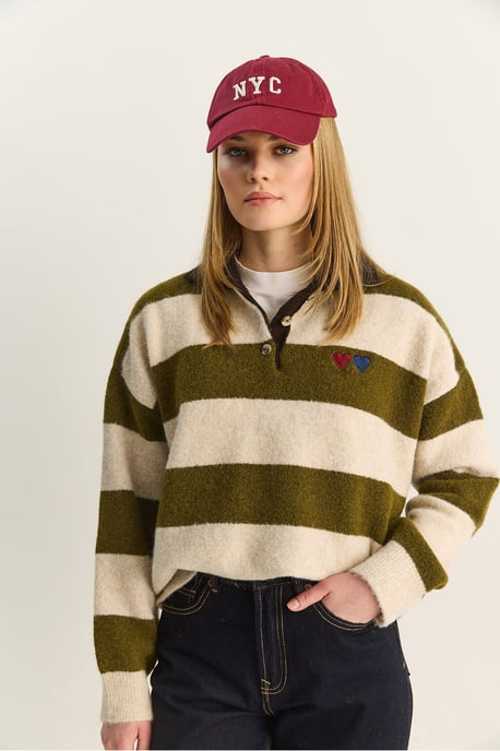 Übergroßer gestreifter Polo-Kragen-Pullover mit Stickerei - Image 4