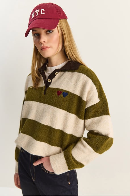 Übergroßer gestreifter Polo-Kragen-Pullover mit Stickerei - Image 6