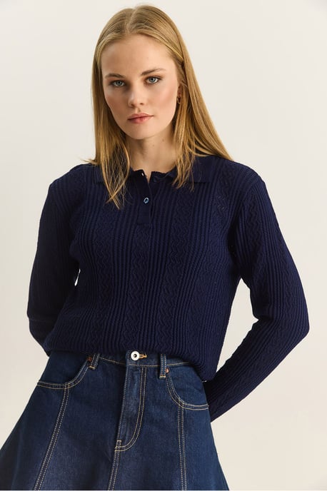 Strickpullover mit strukturiertem Polo-Kragen - Image 3