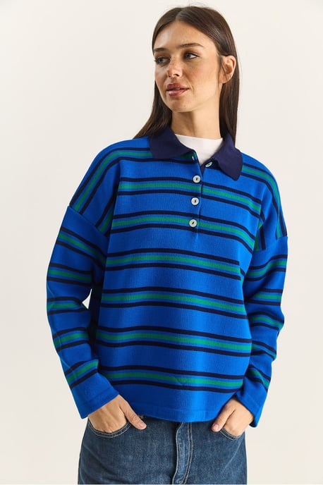 Gestreifter Polo-Kragen Knopf-Pullover - Image 2
