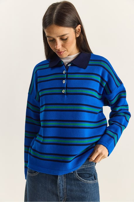 Gestreifter Polo-Kragen Knopf-Pullover - Image 3