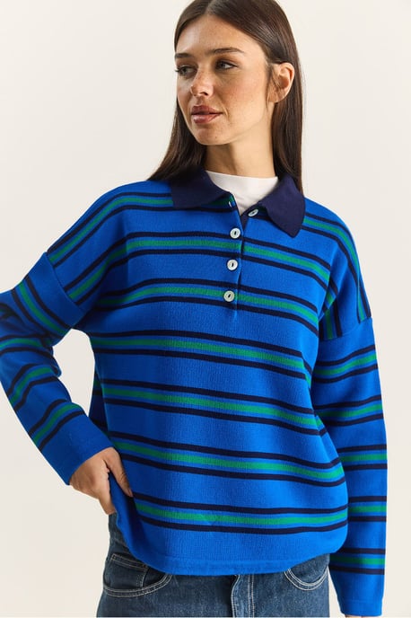 Gestreifter Polo-Kragen Knopf-Pullover - Image 4
