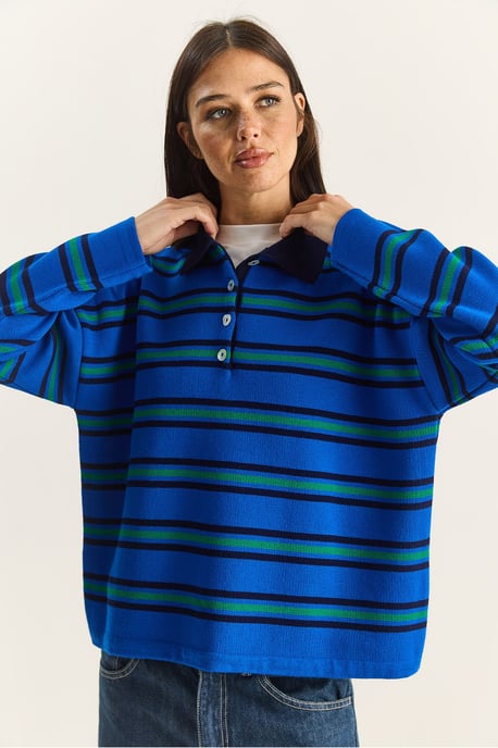Gestreifter Polo-Kragen Knopf-Pullover - Image 5