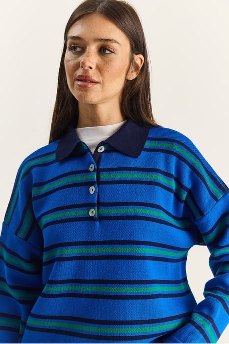 Gestreifter Polo-Kragen Knopf-Pullover - Image 6