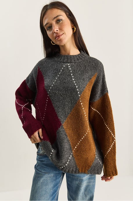 Übergroßer Strickpullover mit Rautenmuster - Image 1