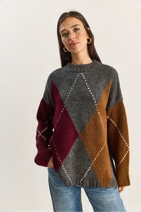 Übergroßer Strickpullover mit Rautenmuster - Image 2