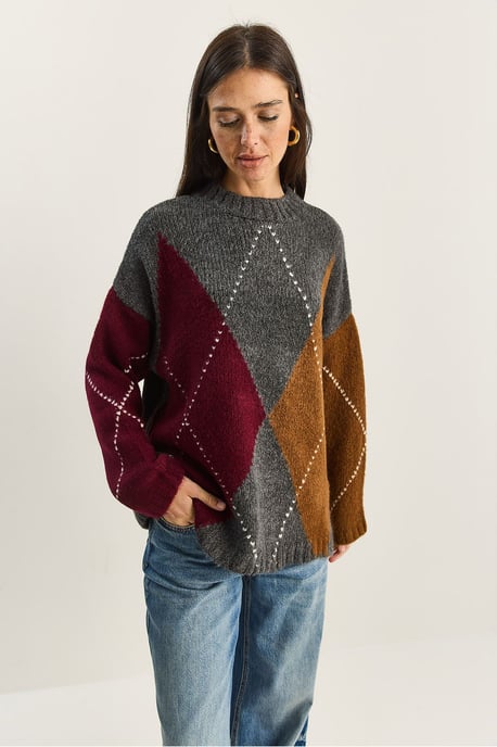Übergroßer Strickpullover mit Rautenmuster - Image 3