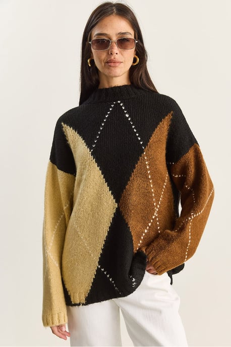 Übergroßer gestrickter Pullover mit Rautenmuster - Image 1