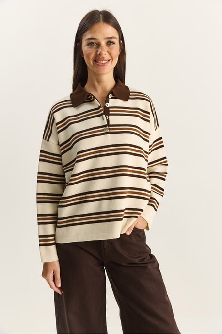 Gestreifter Polo-Kragen Knopf-Pullover - Image 2