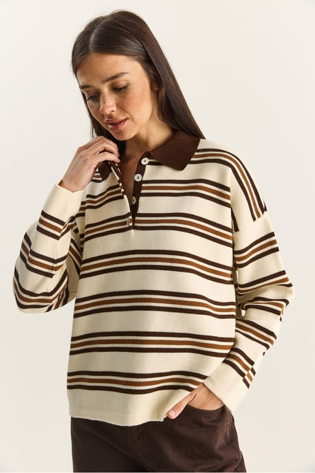 Gestreifter Polo-Kragen Knopf-Pullover - Image 3