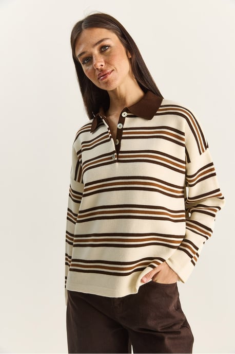 Gestreifter Polo-Kragen Knopf-Pullover - Image 4