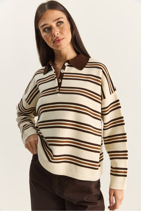 Gestreifter Polo-Kragen Knopf-Pullover - Image 5