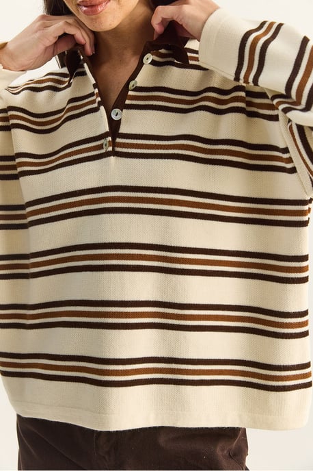 Gestreifter Polo-Kragen Knopf-Pullover - Image 6