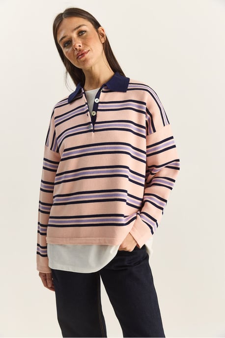 Gestreifter Polo-Kragen Knopf-Pullover - Image 2