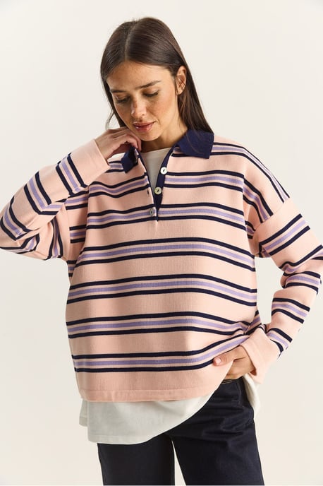Gestreifter Polo-Kragen Knopf-Pullover - Image 3