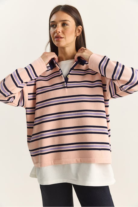 Gestreifter Polo-Kragen Knopf-Pullover - Image 4