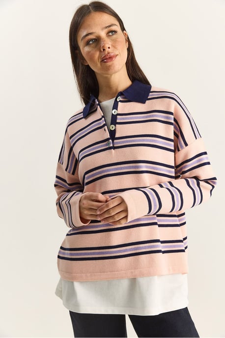 Gestreifter Polo-Kragen Knopf-Pullover - Image 5