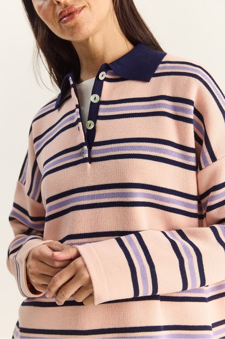 Gestreifter Polo-Kragen Knopf-Pullover - Image 6
