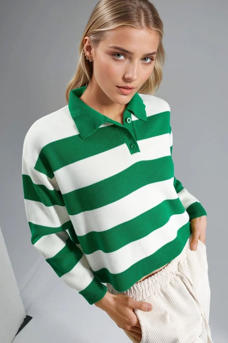 Gestreifter Strick-Polo-Kragen-Pullover - Image 1