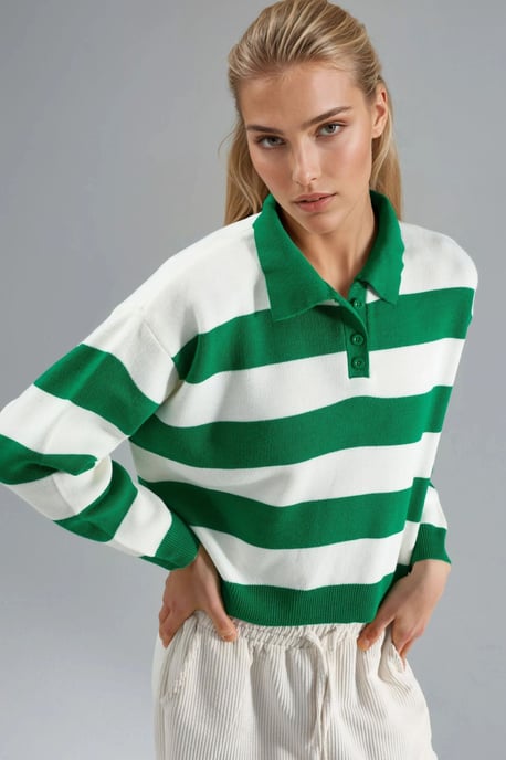 Gestreifter Strick-Polo-Kragen-Pullover - Image 4