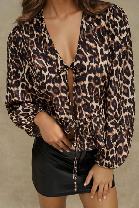 Leopardenmuster V-Ausschnitt Bluse - Image 2