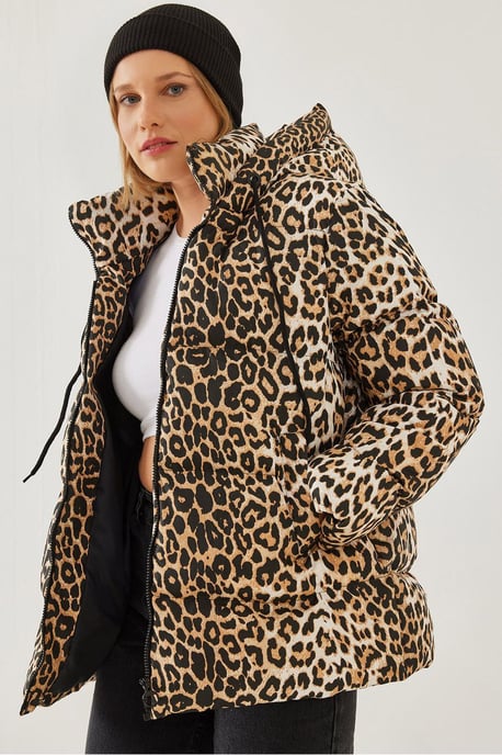 Dicker Leopardenmuster Pufferjacke mit Reißverschlusskragen - Image 1