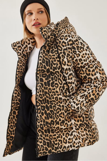 Dicker Leopardenmuster Pufferjacke mit Reißverschlusskragen - Image 2