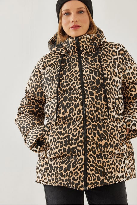 Dicker Leopardenmuster Pufferjacke mit Reißverschlusskragen - Image 4