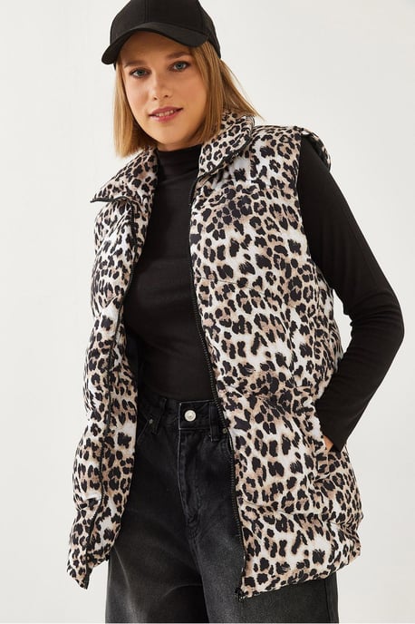 Leopardenmuster ärmellose Kunstleder-Pufferjacke - Image 1