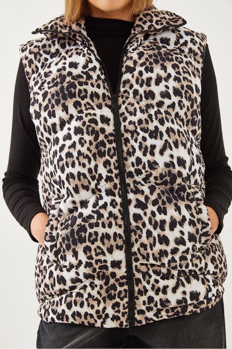 Leopardenmuster ärmellose Kunstleder-Pufferjacke - Image 2