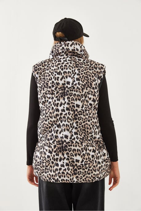 Leopardenmuster ärmellose Kunstleder-Pufferjacke - Image 4