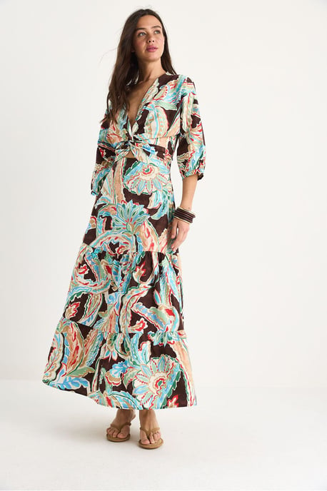 Maxikleid mit ethnischem Muster und gerafftem V-Ausschnitt - Image 4