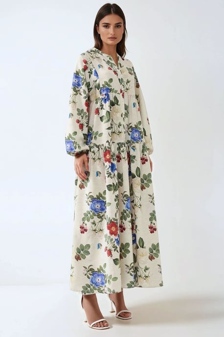 Blumen-Leinen-Optik Maxikleid mit Rundhalsausschnitt - Image 3