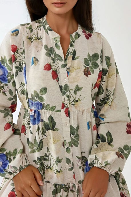 Blumen-Leinen-Optik Maxikleid mit Rundhalsausschnitt - Image 4