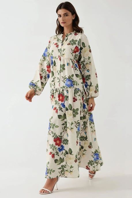 Blumen-Leinen-Optik Maxikleid mit Rundhalsausschnitt - Image 5