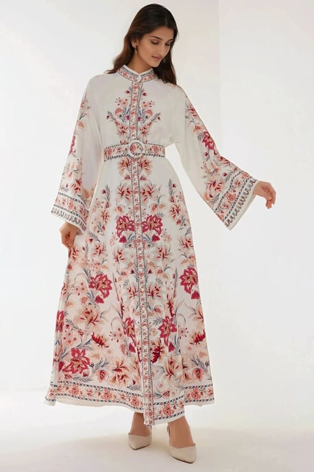Bedrucktes Maxikleid mit langen Ärmeln und Gürtel - Image 1