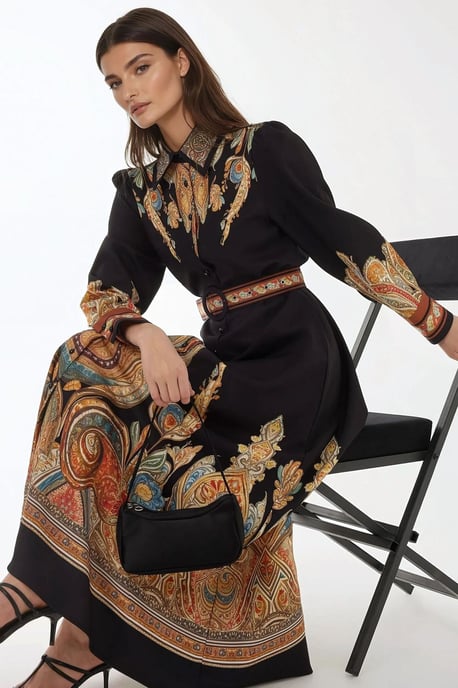 Bedrucktes Maxikleid mit langen Ärmeln und Gürtel - Image 3