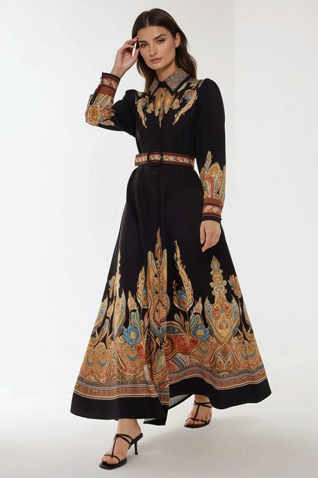 Bedrucktes Maxikleid mit langen Ärmeln und Gürtel - Image 4