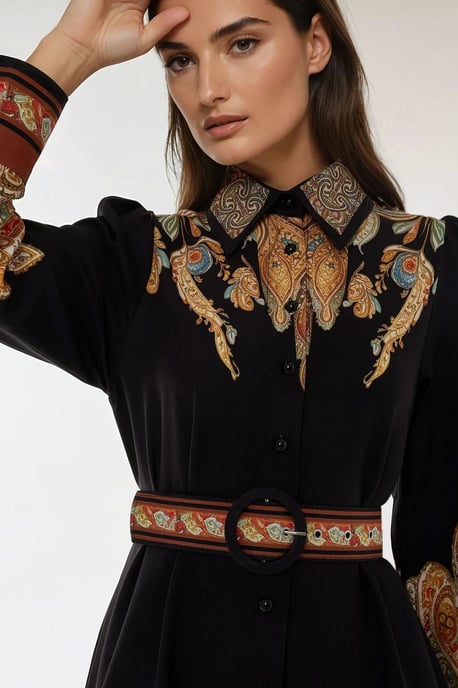 Bedrucktes Maxikleid mit langen Ärmeln und Gürtel - Image 6