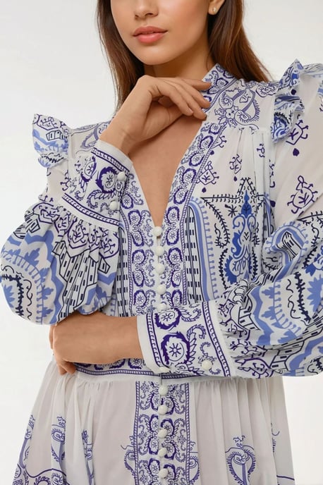 Bedrucktes V-Ausschnitt Maxikleid mit Rüschendetail - Image 2