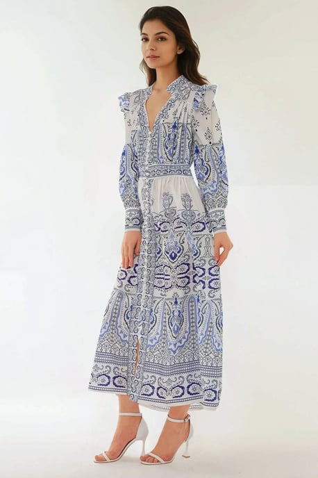Bedrucktes V-Ausschnitt Maxikleid mit Rüschendetail - Image 3