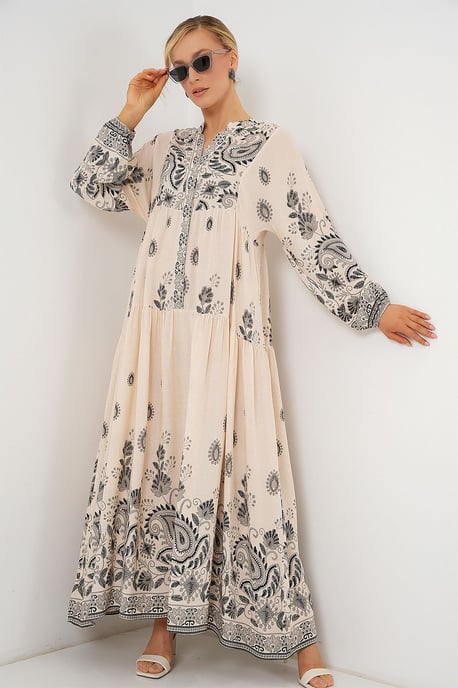 Gemustertes V-Ausschnitt-Maxikleid mit Knopfverschluss - Image 1