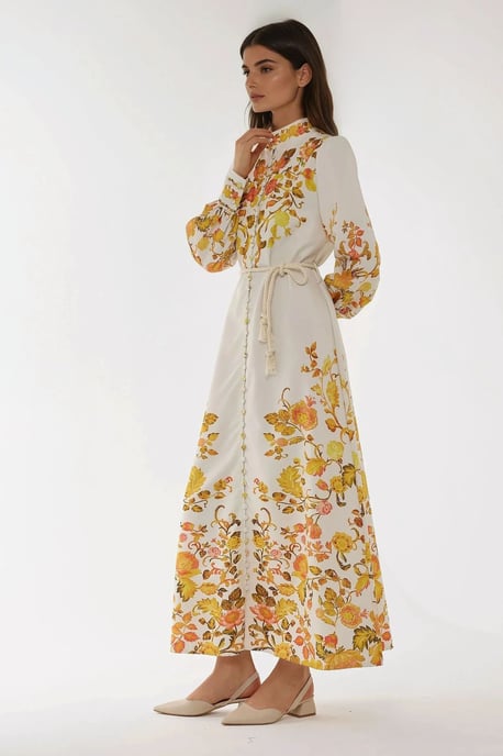 Bedrucktes Maxikleid mit langen Ärmeln und Gürtel - Image 3