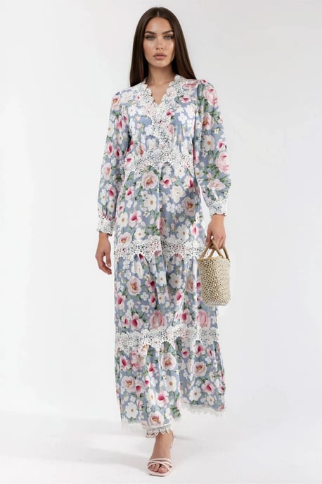 Maxikleid mit floralem Spitze-Detail und V-Ausschnitt - Image 1